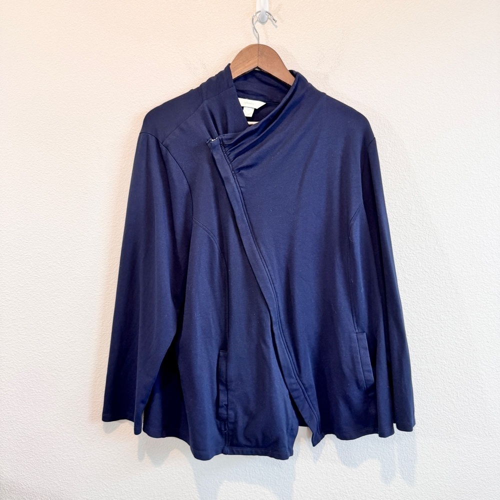 CJ Banks Minimalist Asym Zip Jacket Travel Career Athleisure Navy 2X Womens Plus